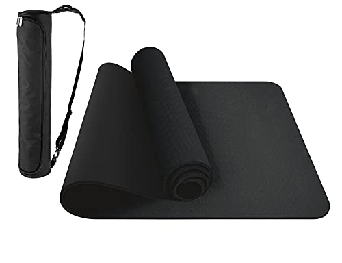ComFyMat Yoga Mat - Non-Slip Premium TPE Eco-Friendly Workout Mat for Pilates, Meditation - Black/Black (183cm x 61cm x 6mm) with Bonus Waterproof Carry Bag