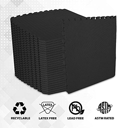 ComFy Mat Extra Thick (2cm) Foam Exercise Mats, Gym Flooring Mat, Interlocking Puzzle EVA Floor Tiles, Non slip Rubber Cushion For Home Workout Black 12 TILES (48 Square Feet)