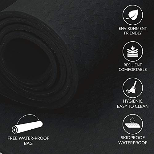 ComFyMat Yoga Mat - Non-Slip Premium TPE Eco-Friendly Workout Mat for Pilates, Meditation - Black/Black (183cm x 61cm x 6mm) with Bonus Waterproof Carry Bag