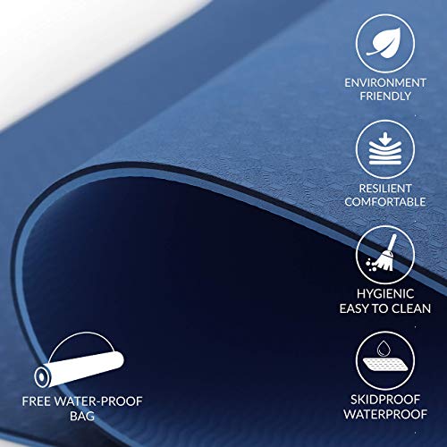 ComFyMat Yoga Mat - Non-Slip Premium TPE Eco-Friendly Workout Mat for Pilates, Meditation - Black/Black (183cm x 61cm x 6mm) with Bonus Waterproof Carry Bag