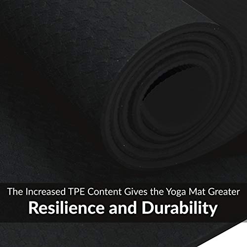ComFyMat Yoga Mat - Non-Slip Premium TPE Eco-Friendly Workout Mat for Pilates, Meditation - Black/Black (183cm x 61cm x 6mm) with Bonus Waterproof Carry Bag