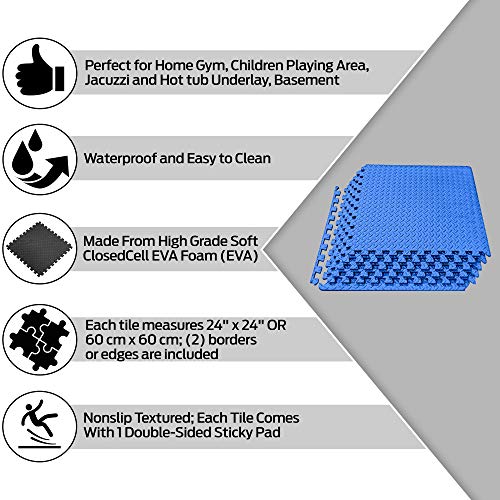 ComFy Mat Gym Flooring Mat, Foam Exercise Mats, Interlocking Puzzle EVA Floor Tiles, Non slip Rubber Cushion For Home Workout, Bonus Adhesives,24"X24"(60x60cm) Blue 44 TILES (176 Square Feet)