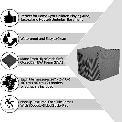 ComFy Mat Extra Thick (2cm) Foam Exercise Mats, Gym Flooring Mat, Interlocking Puzzle EVA Floor Tiles, Non slip Rubber Cushion For Home Workout Black 12 TILES (48 Square Feet)