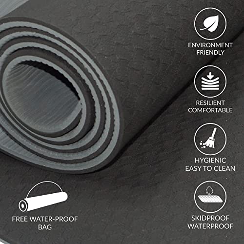 ComFyMat Yoga Mat - Non-Slip Premium TPE Eco-Friendly Workout Mat for Pilates, Meditation - Black/Black (183cm x 61cm x 6mm) with Bonus Waterproof Carry Bag