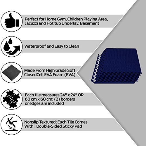 ComFy Mat Gym Flooring Mat, Foam Exercise Mats, Interlocking Puzzle EVA Floor Tiles, Non slip Rubber Cushion For Home Workout, Bonus Adhesives,24"X24"(60x60cm) Blue 44 TILES (176 Square Feet)