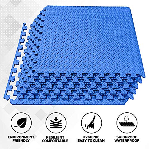 ComFy Mat Gym Flooring Mat, Foam Exercise Mats, Interlocking Puzzle EVA Floor Tiles, Non slip Rubber Cushion For Home Workout, Bonus Adhesives,24"X24"(60x60cm) Blue 44 TILES (176 Square Feet)